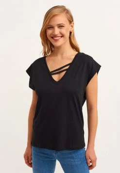 OXXO Donna WEITES MIT BÄNDER DETAIL - T-shirt Basic - Black